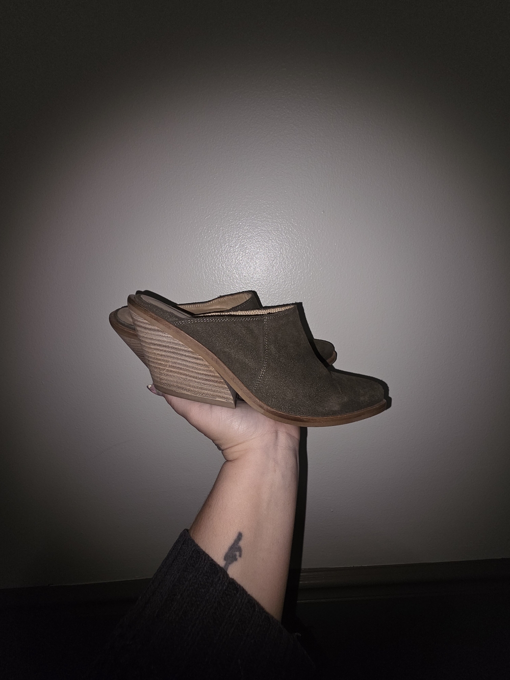 Anthropologie Olive Green Suede Poibted Toe  Mules